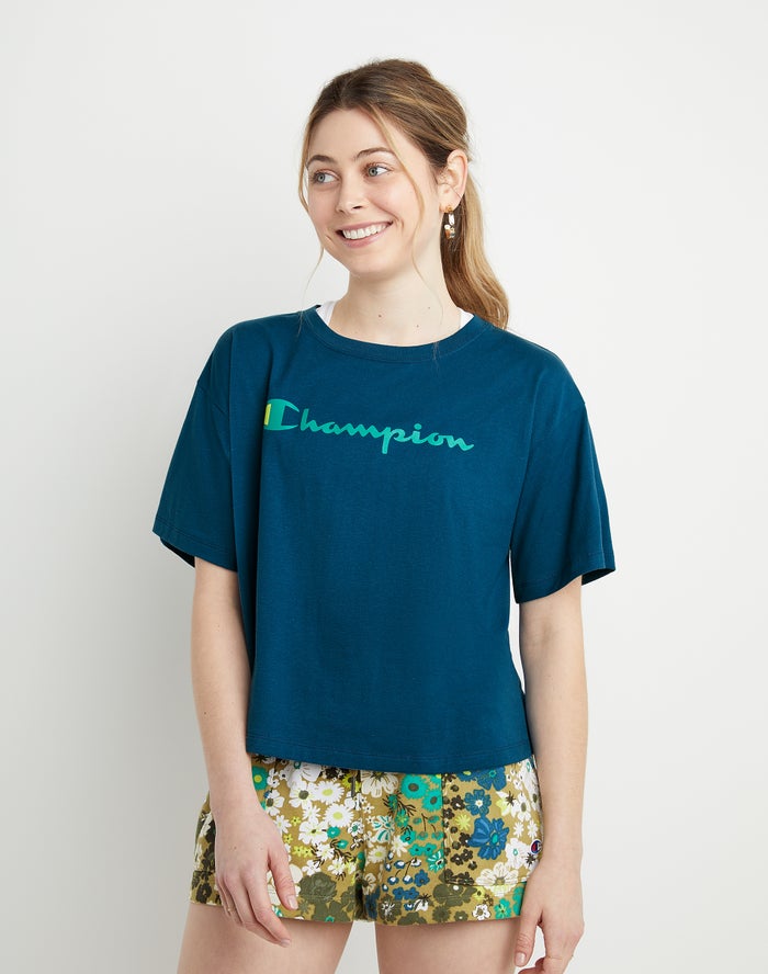 Champion Cropped Script Logo Kadın Tişört Mavi ( UYXEFZ614 )